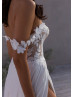 Ivory Lace Chiffon Slit Simple Wedding Dress With Detachable Straps